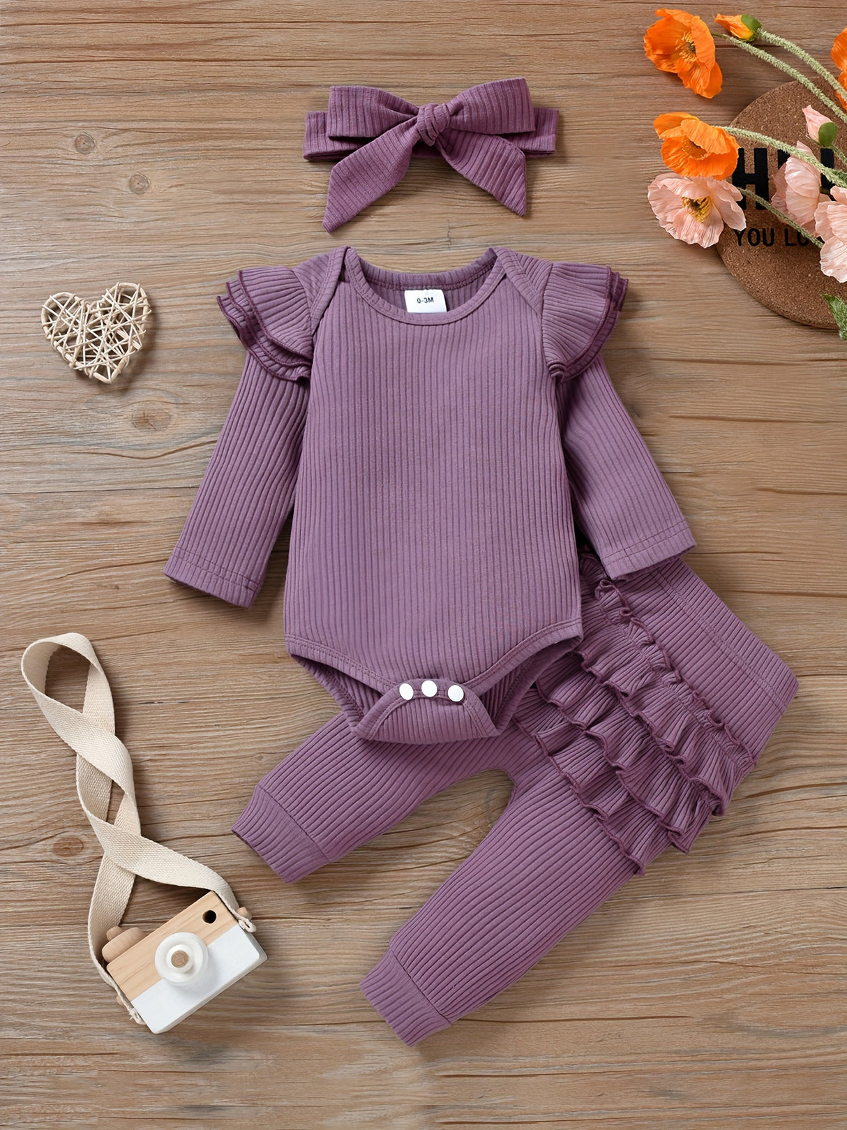 Baby Girl Clothes Newborn Romper Long Sleeve Infant Outfits 3pcs Ruffle Tops + Pants + Headband 0-18 Months, Infant Fall Wear | Bow Adorned Outfit | Soft Newborn Clothes, Newborn Girl Clothes, Perfect for Outdoor