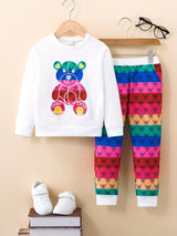 Toddler Girls 2pc Bear Print Crew Neck Sweatshirt & Rainbow Stripped Jogger Pants Kids Clothes For Fall outdoor Sports