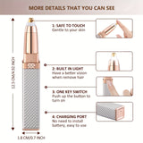 1pc FAMORIAL Women's 2-in-1 Rechargeable Eyebrow Trimmer & Facial Hair Remover with Built-in LED Light, Painless Hair Shaver with Golden-Tipped Head & Handle, Multi-Purpose for Face, Body, Eyebrows, Lips, Chin, Arms, Legs - W