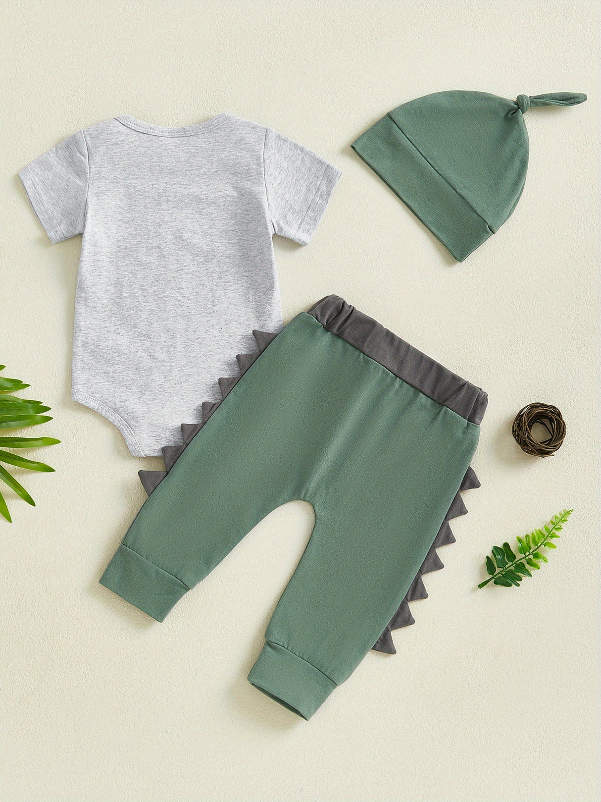 Baby Boy Summer Outfits Letter Dinosaur Print Short Sleeve Round Neck Romper with Solid Pants and Hat 3pcs Set, for Outdoor