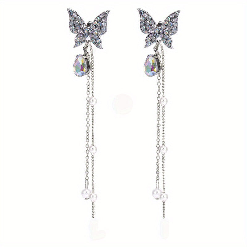 Chic Purple Butterfly Pearl Tassel Earrings - Whimsical Animal Pattern, Japanese & Korean Style, Versatile for All Occasions