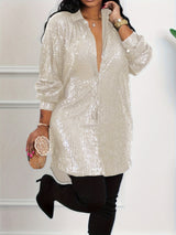Plus Size Glamour - Sequined, Long Sleeve, Turn Down Collar, Button Up Shirt Dress for Women - Perfect for Party, Evening, and Formal Occasions