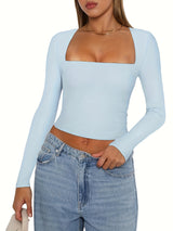 Women's Slim Fit Crop Tops Long Sleeve Square Neck Solid Color T-Shirt Dressy Blouses