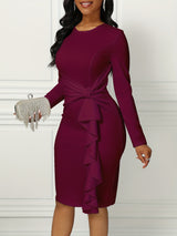 Long Sleeve Solid Ruffle Trim Belted Elegant Dress for Spring & Fall, Women's Clothing