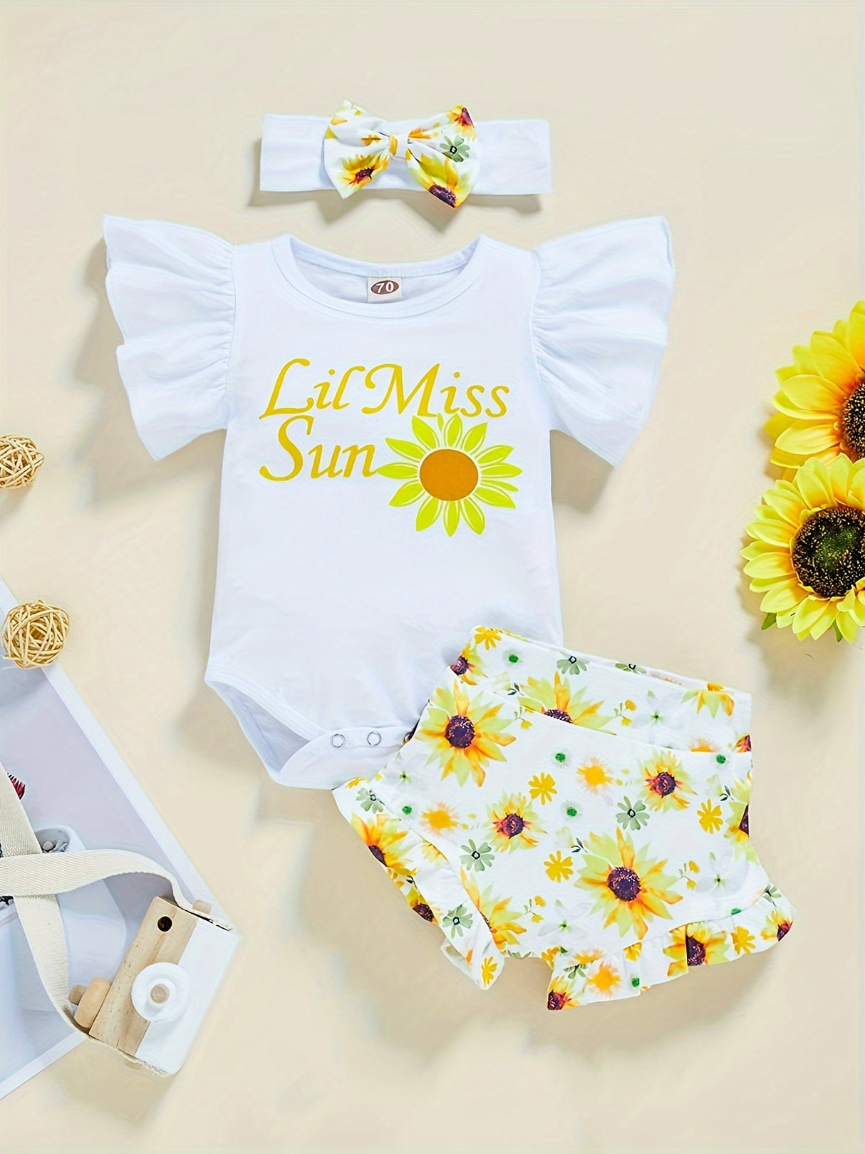 3pcs Baby Girl Summer Outfit: "Little Miss Sunshine" Ruffle Short Sleeve Romper, Floral Shorts & Matching Headband - Cotton Blend, Machine Washable, Casual Baby Clothing | Ruffled Baby Romper | Comfortable Babywear, Baby Girl