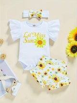 3pcs Baby Girl Summer Outfit: "Little Miss Sunshine" Ruffle Short Sleeve Romper, Floral Shorts & Matching Headband - Cotton Blend, Machine Washable, Casual Baby Clothing | Ruffled Baby Romper | Comfortable Babywear, Baby Girl