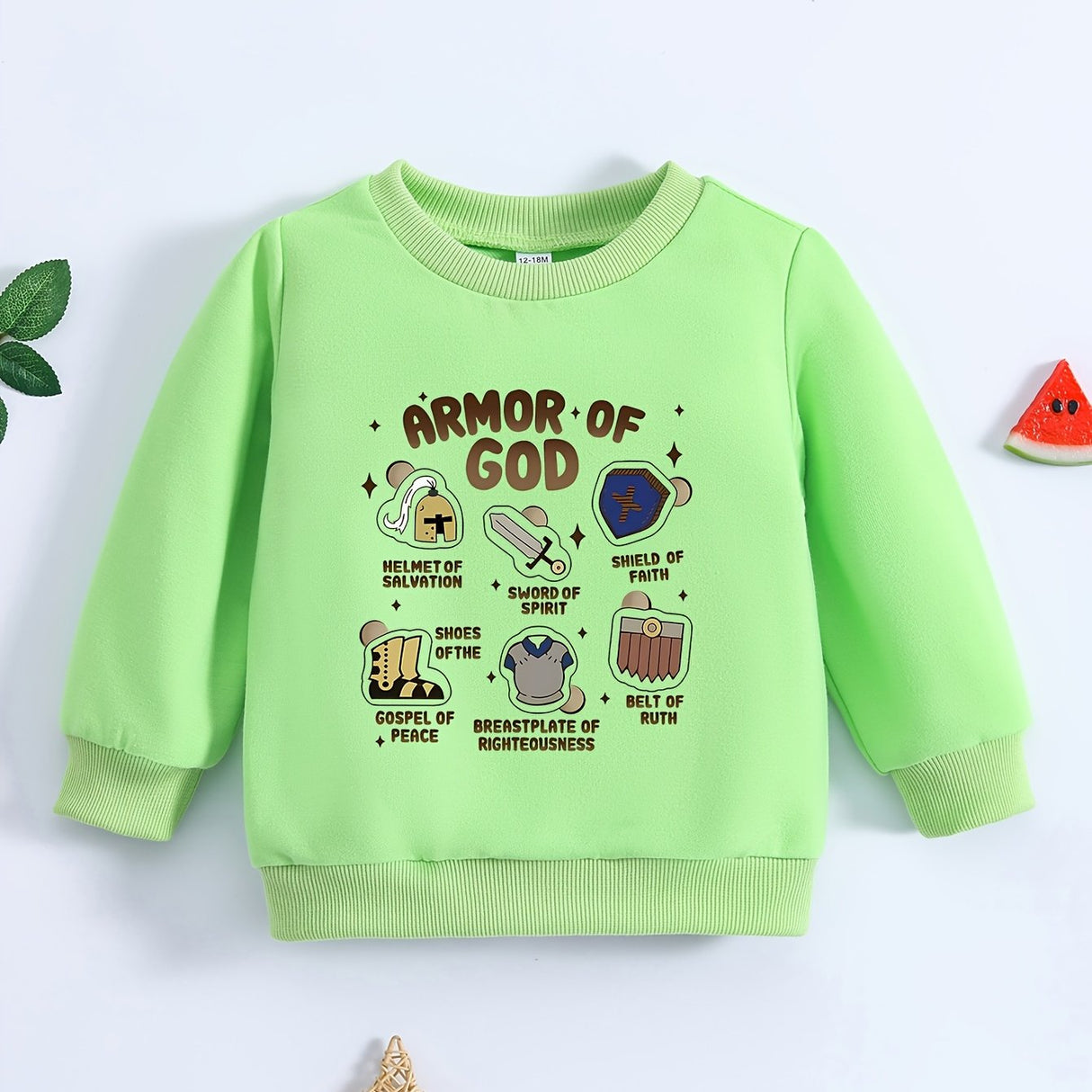 1pc Toddler Boys' Casual Long Sleeve "Armor of God" Print Pullover Sweatshirt, Polyester Knit Cartoon Pattern, Round Neck, Elastic Fabric, Loose Fit for Spring/Autumn