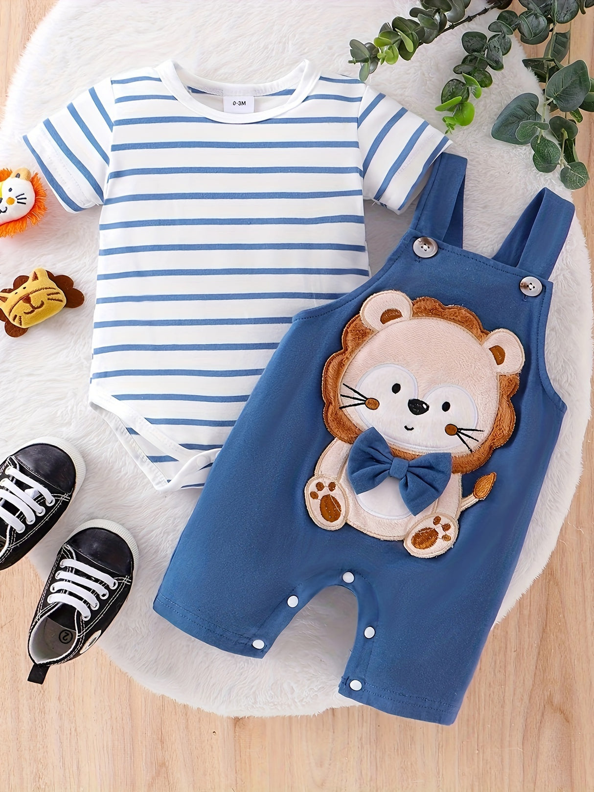 Baby Boy Clothes Blue Striped Climbing Clothing+Little Lion Back Trousers Two -Piece Suit with 0 - 18Months
