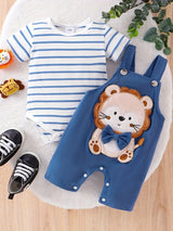 Baby Boy Clothes Blue Striped Climbing Clothing+Little Lion Back Trousers Two -Piece Suit with 0 - 18Months