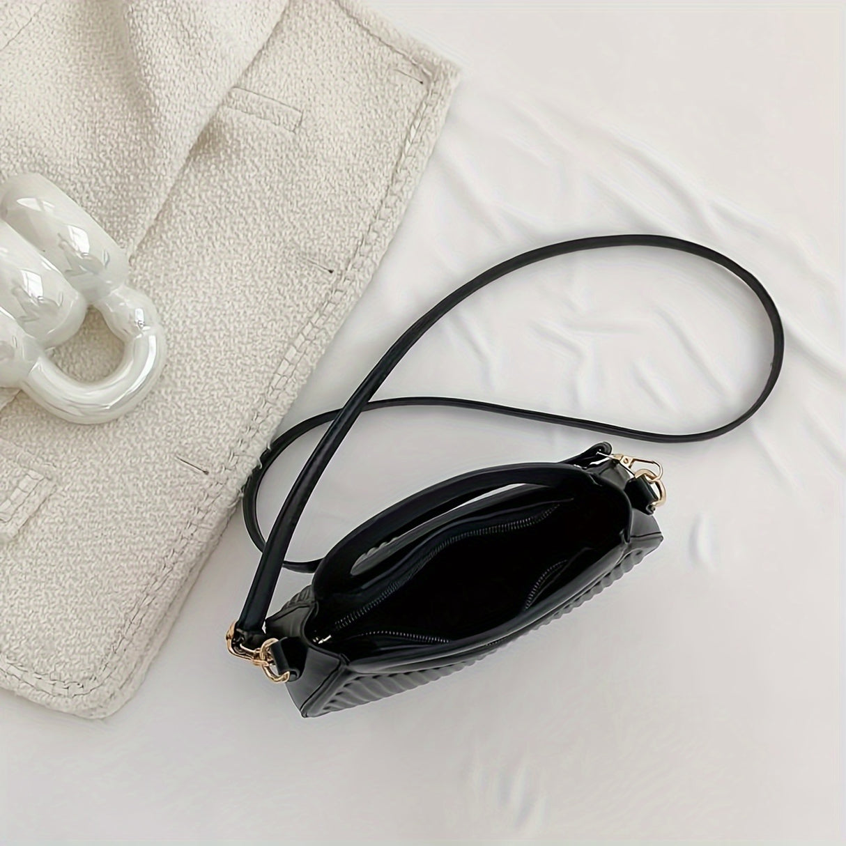 Chic Black Embossed Stripe Crossbody Bag for Women - Elegant Synthetic Leather Handbag with Golden-Tone Hardware, Versatile Shoulder Purse for Everyday Use, Versatile Shoulder Bag | Chic Stripe Design | Luxury Look Purse