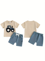 Toddler Boys Summer Outfits Truck Embroidered Round Neck Short Sleeve T-Shirts Elastic Waist Shorts 2pcs Clothes Set