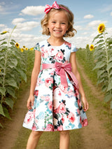 Girls Elegant Floral Pattern Dress Short Sleeves Dresses Kids Clothes For Winter Fall Christmas Gift Party