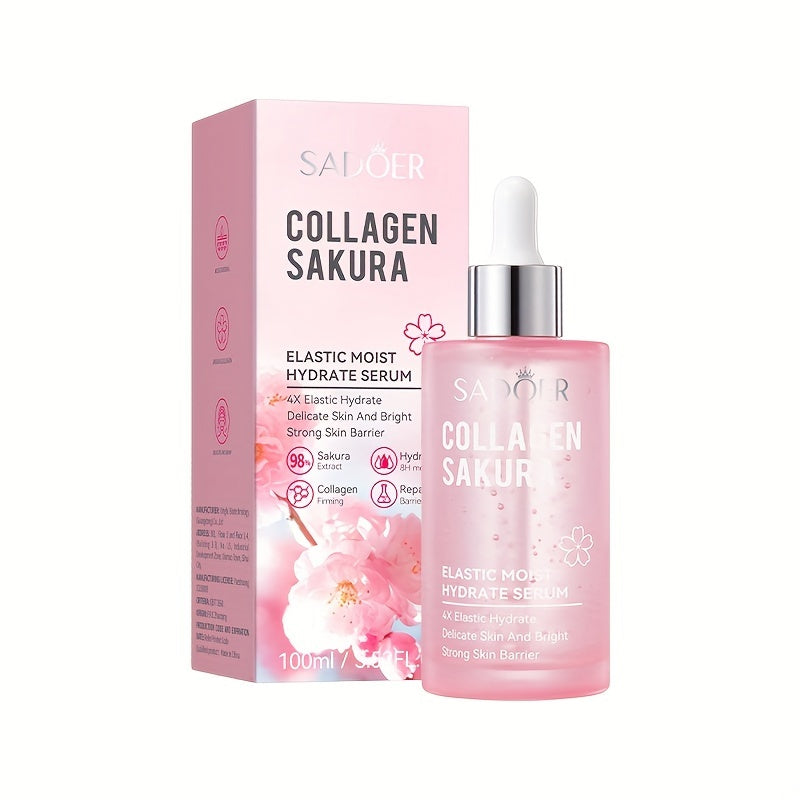 SADOER Cherry Blossom Collagen Serum - Elastic Moisturizing Essence for Smooth, Firm Skin, Hydrates & Brightens, Hypoallergenic, 100ml