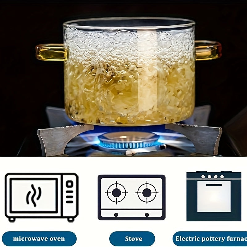 50.72oz Borosilicate Glass Stovetop Pot with Lid - Heat Resistant Transparent Cooking Pot for Soup, Milk, Porridge - Dual Yellow Handles, Microwavable & Stove Compatible Cookware