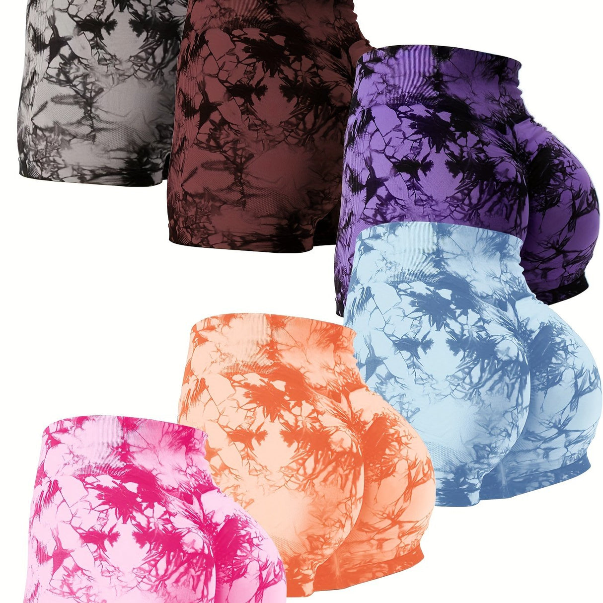 6pcs Vibrant Tie-Dye High-Waist Yoga Shorts for Women - Scrunch Butt Lifting, Seamless Booty Biker Shorts with Side Pockets, Stretchy & Breathable Nylon Blend, Perfect for Gym & Fitness Enthusiasts, Workout Accessories