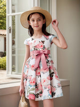 Girls Elegant Floral Pattern Dress Short Sleeves Dresses Kids Clothes For Winter Fall Christmas Gift Party