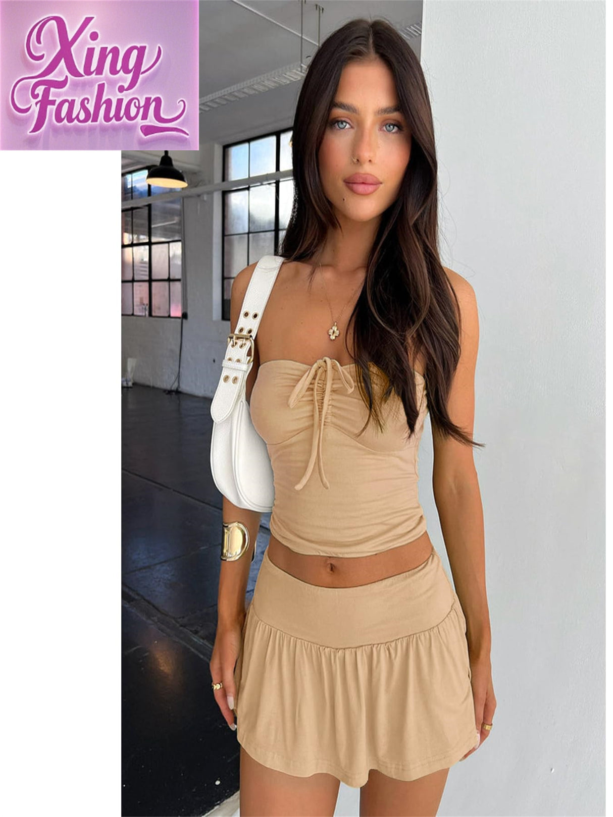 Women 2pcs Skirt Outfits Y2k Summer Bandeau Going Out Crop Tops and Low Wasit Mini Skorts Sets
