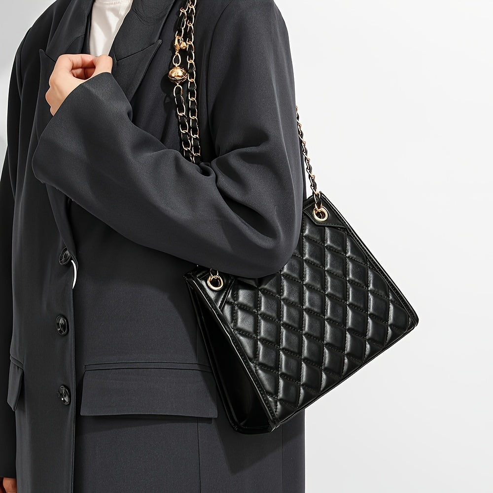 Luxury Quilted Faux Leather Tote Bag For Women With Adjustable Chain Strap, Classic Crossbody Handbag For Daily Outfits