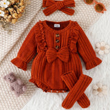 3pcs Baby Girl Ruffled Lace Bow Onesie & Headband & Socks Outdoor Set, Fall Winter Warm Outwear, Pregnant Mom's Gift