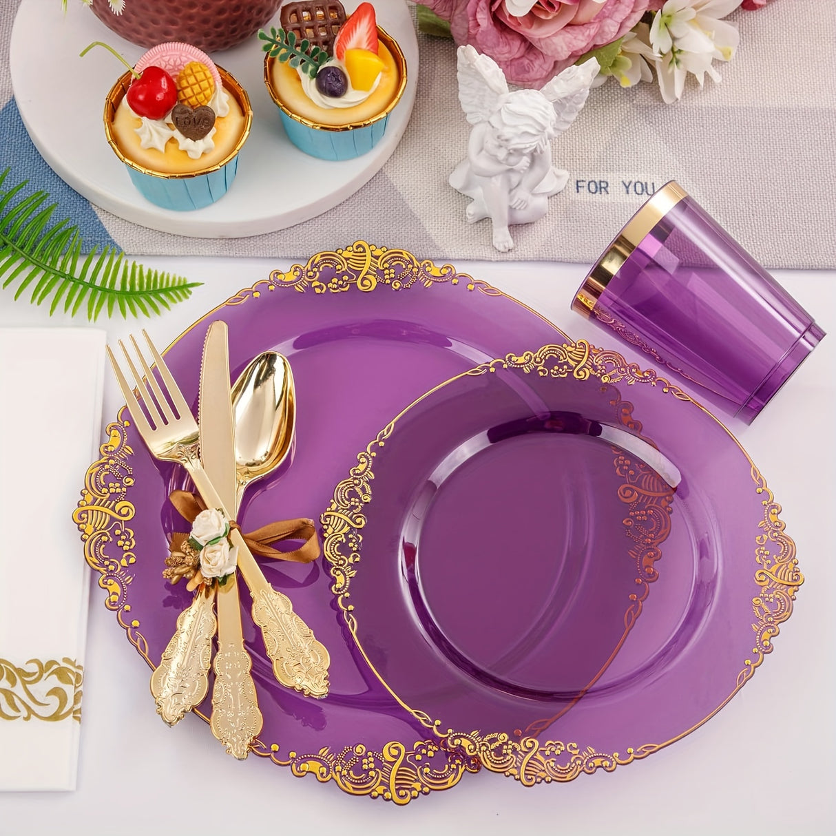 350PCS Pink and Golden Plastic Plates - Pink Plastic Dinnerware Sets for 50 Guests - 100 Pink Disposable Plates, 150 Golden Plastic Silverware, 50 Cups, 50 Napkins for Wedding & Mother's Day