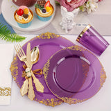 350PCS Pink and Golden Plastic Plates - Pink Plastic Dinnerware Sets for 50 Guests - 100 Pink Disposable Plates, 150 Golden Plastic Silverware, 50 Cups, 50 Napkins for Wedding & Mother's Day