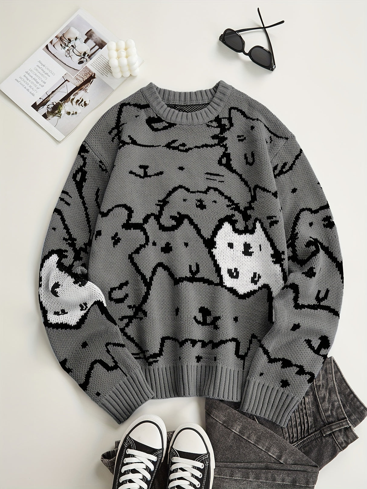 Cute Cats Pattern Knitted Sweater, Men's Casual Warm Slightly Stretch Crew Neck Pullover Sweater For Men Fall Winter