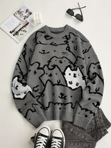 Cute Cats Pattern Knitted Sweater, Men's Casual Warm Slightly Stretch Crew Neck Pullover Sweater For Men Fall Winter