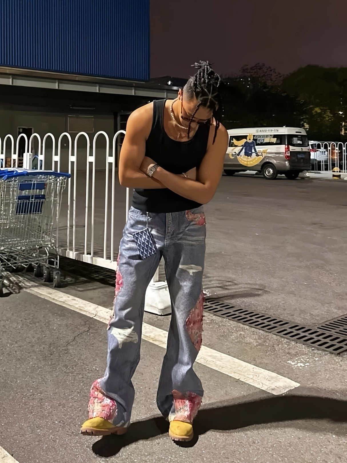 High Street Hip-hop Flared Jeans For Men And Women Summer Street Design LaceSplicing Mopping Pants