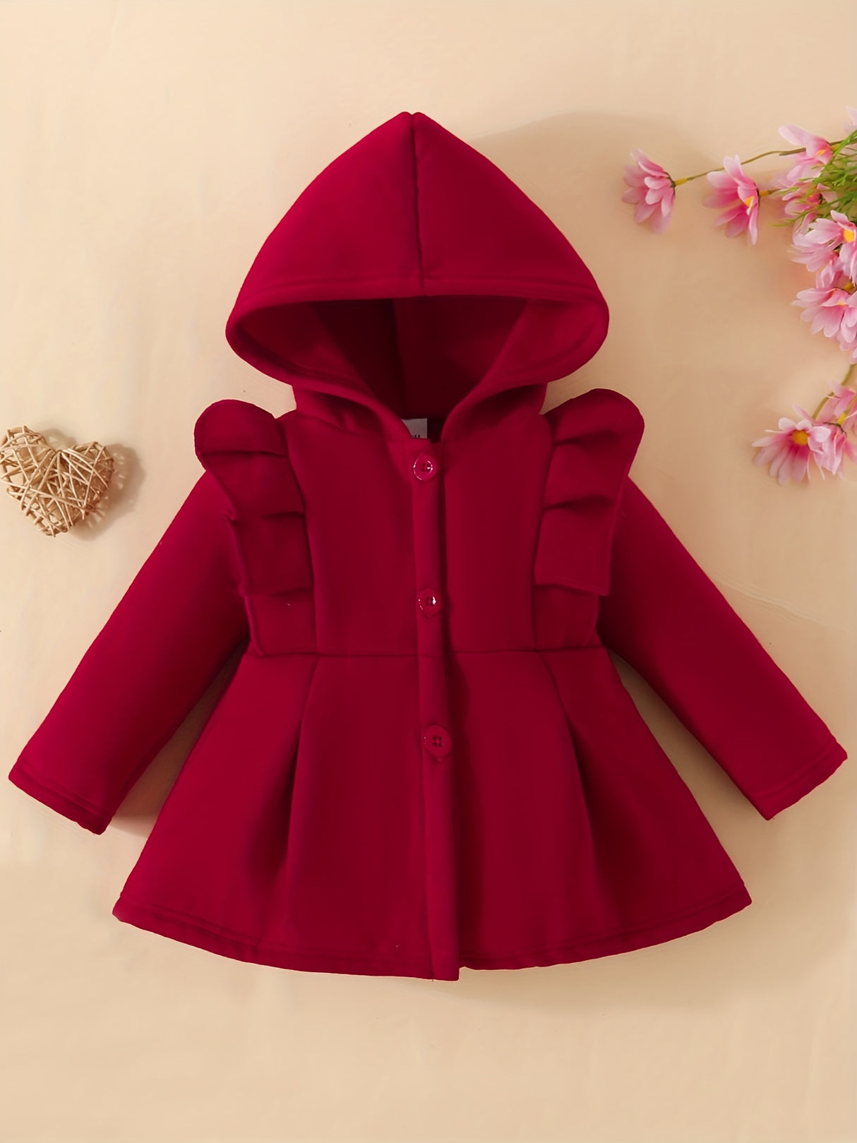 Baby Girl Ruffled Long Sleeve Fleece Hooded Single Breasted Coat, Kids Clothes Autumn And Winter (Recommended To Buy One Size Larger)