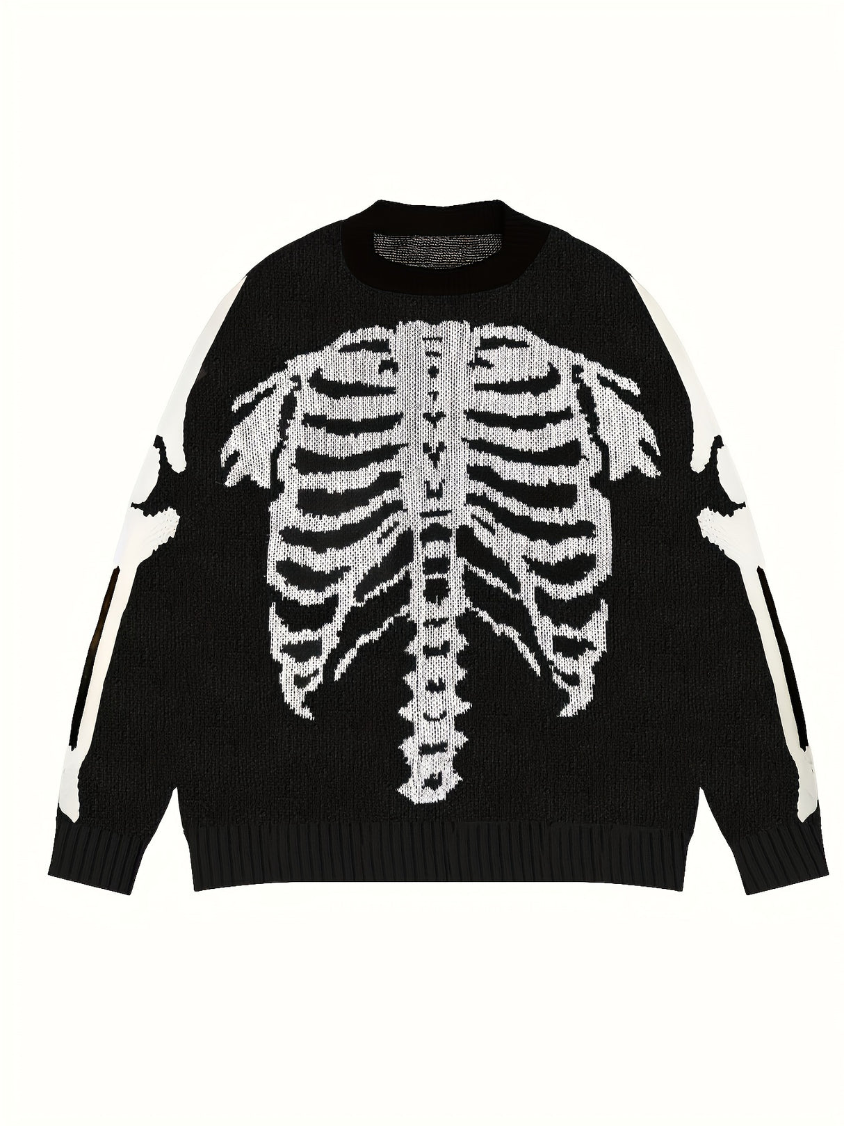 Gothic Skeleton Pattern Knitted Sweater, Men's Casual Warm Slightly Stretch Crew Neck Pullover Sweater For Men Fall Winter