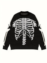 Gothic Skeleton Pattern Knitted Sweater, Men's Casual Warm Slightly Stretch Crew Neck Pullover Sweater For Men Fall Winter