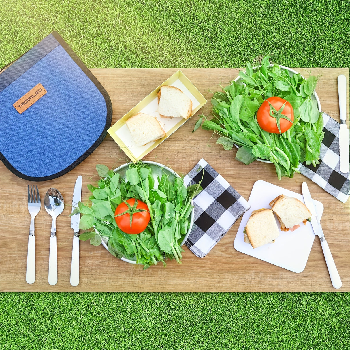 Camp Silverware Picnic Tableware Storage Set 13 Camping Miscellaneous Bag Includes High-Quality Cutting Board, Tablecloth, Stainless Steel Plate, Spoon, Knife, Fork, Wine Opener, BBQ, Travel, Hiking