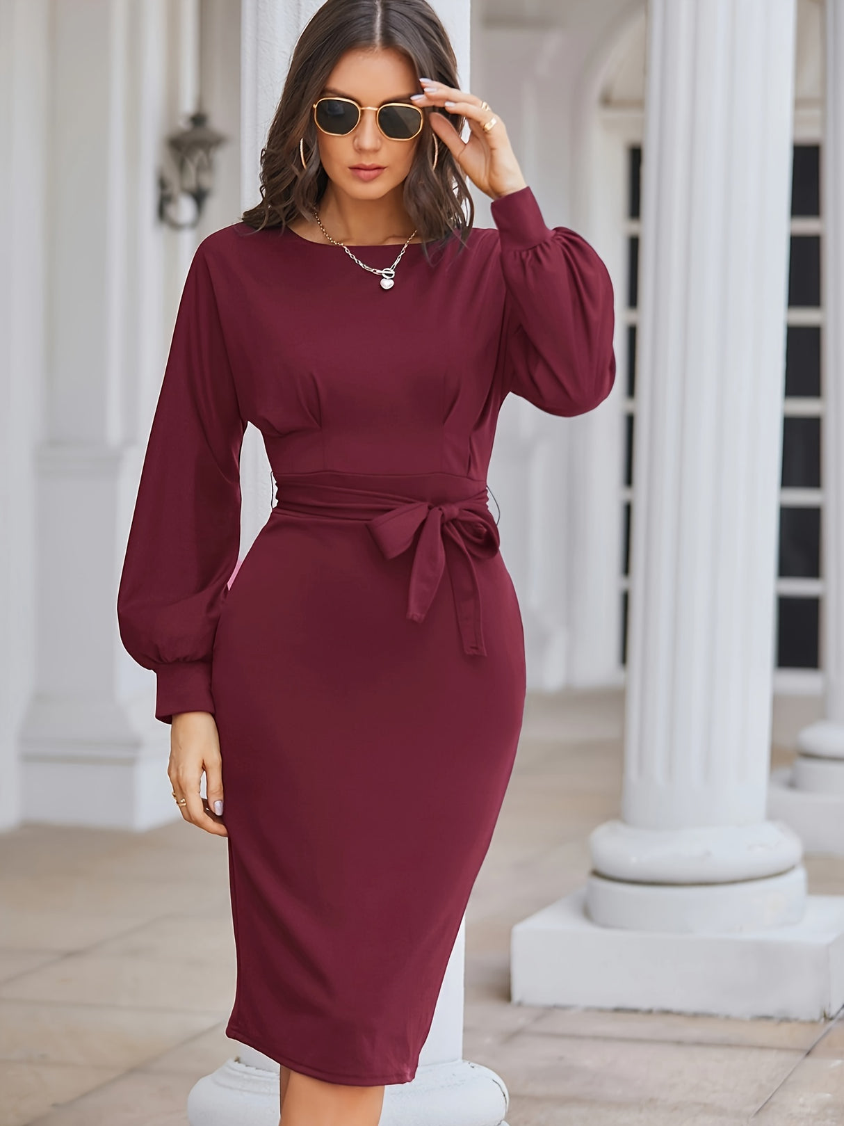 Solid Color Crew Neck Dress, Elegant Long Sleeve Belt Bag Hip Zipper Back Dress For Winter & Fall, Women's Clothing