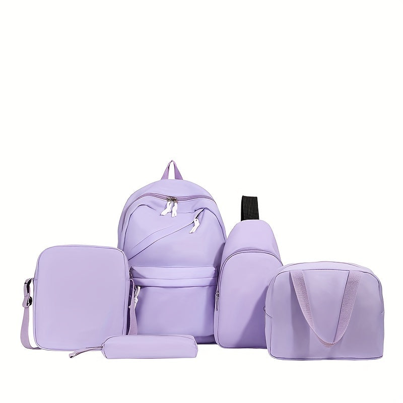 5pcs/set Multi-functional College Bag Set - Solid Color Laptop Backpack with Chest Bag, Handheld Bag, Sling Bag, and Pencil Pouch for Men and Women's Daily Commute
