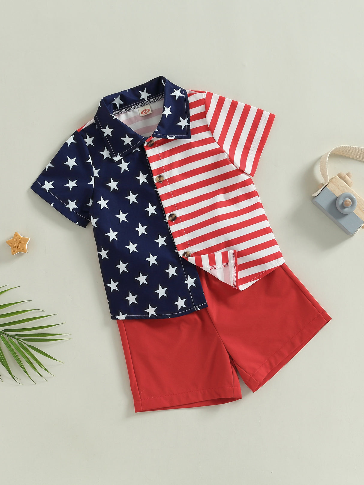 Toddler Boys Summer Short Sleeve Outfits 2pcs 4th of July Red Clothes, Stars and Stripes Print Shirt + Shorts Set for Casual Streetwear, for Outdoor