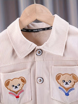 2pcs Toddler Boys Stylish Corduroy Outfit Set - Comfortable Casual Sportswear with Adorable Embroidered Bear Design, Complete Coat and Pants - Perfect for Spring and Autumn, Beige