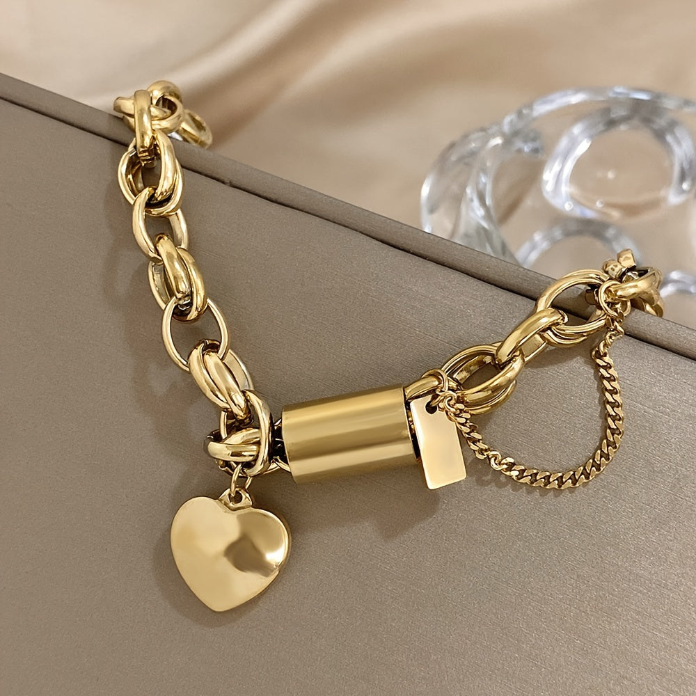 Punk Chunky Golden Color Thick Chain Stainless Steel Bracelets Fashion Design Heart Love Pendant Wrist JewelryNew Year's Gifts Valentine's Day Gifts