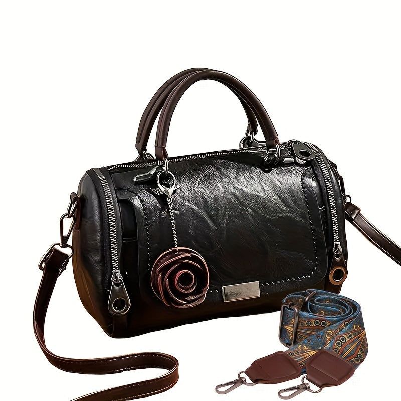 Women'S Boston Handbag with Flower Pendant, Solid Color Zippered Satchel, Polyester Lined, Painted Edges, Messenger Bag for Occasions