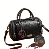 Women'S Boston Handbag with Flower Pendant, Solid Color Zippered Satchel, Polyester Lined, Painted Edges, Messenger Bag for Occasions