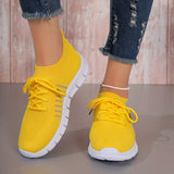 Womens All-Season Lace Up Knit Sneakers - Breathable Mesh Upper, Comfortable Fabric Insole, EVA Sole, Versatile Solid Color Running Shoes for Casual Wear