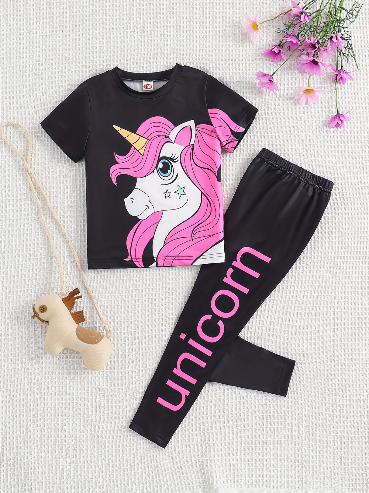 Girl's 2pcs T-shirt & Elastic Waist Pants Set, UNICORN Print Short Sleeve Tee Top, Casual Outfits, Kids Clothes For Summer