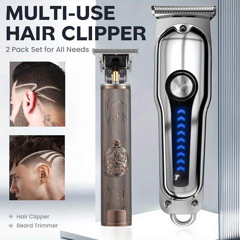 2pcs/Set Professional Hair Clipper Set, USB Rechargeable Electric Razor Fine Cutter Beard Trimmer Razor Cordless Hair Cutting Machine For Men