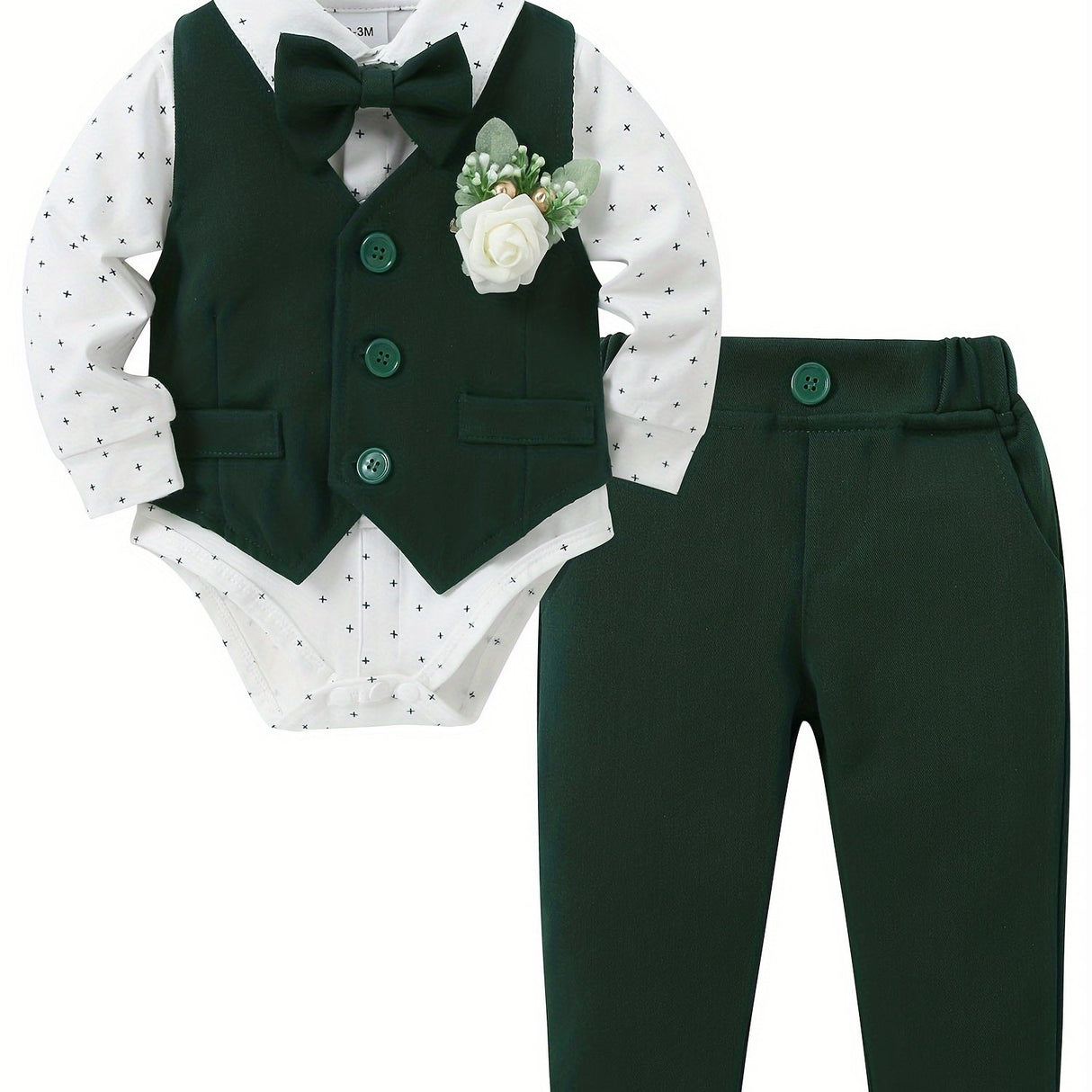 5 Pieces Baby Boy Long Sleeve Gentleman Suit Baby Boy Holiday Party Wedding Dress Suit One-piece Shirt, Vest, Trousers, Bowtie, Corsage 0-24M Soft And Comfortable Cotton Toddler Clothing