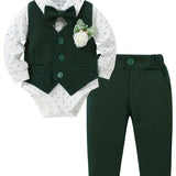 5 Pieces Baby Boy Long Sleeve Gentleman Suit Baby Boy Holiday Party Wedding Dress Suit One-piece Shirt, Vest, Trousers, Bowtie, Corsage 0-24M Soft And Comfortable Cotton Toddler Clothing