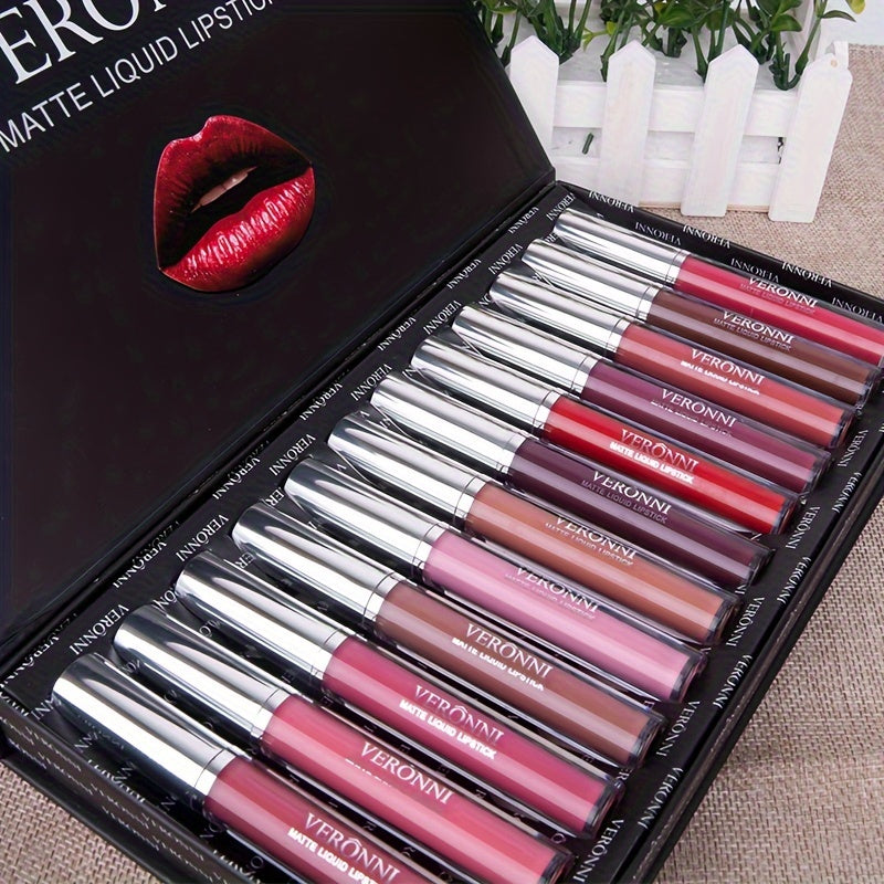 VERONNI 12pc Lip Glaze Collection - Smudge-proof Matte Lipstick Set with Non-transfer Formula - Diverse Multicolor Glosses for All-day Wear - Ultimate Makeup Kit & Festive Gift for Her