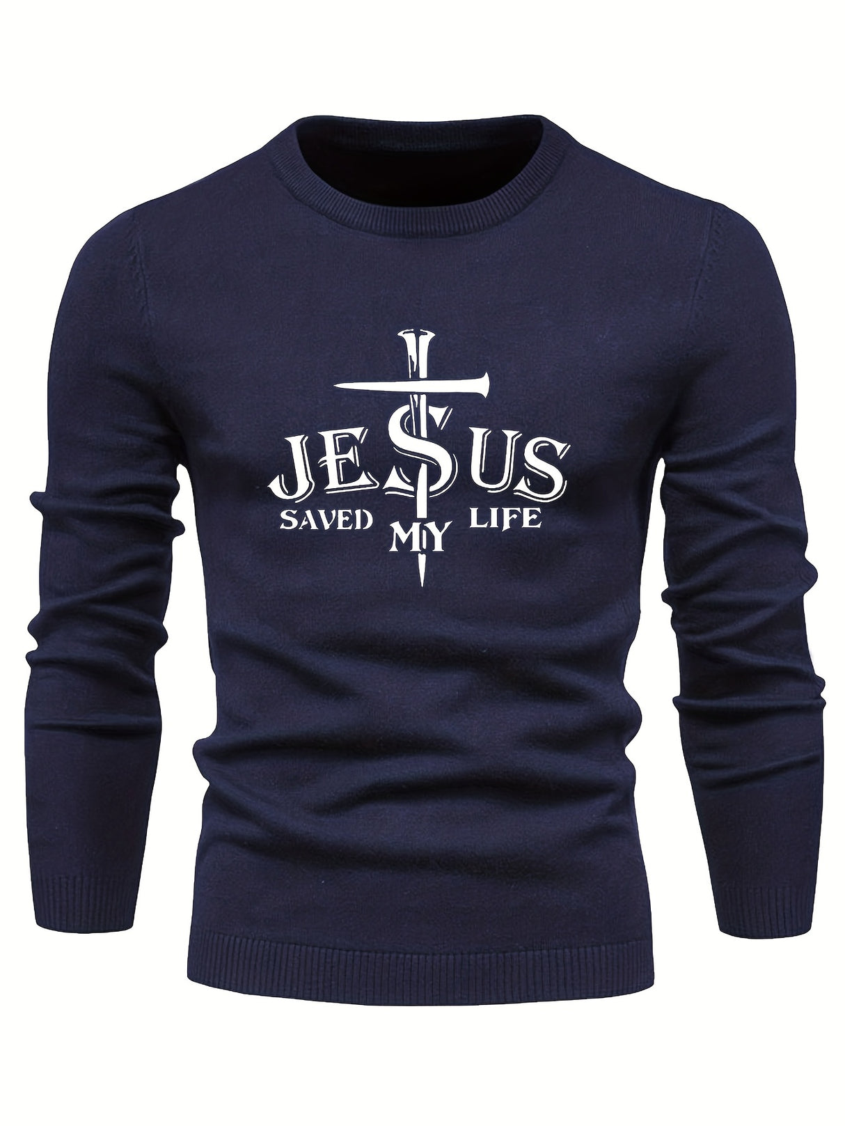 Jesus Saved My Life Print All Match Knitted Sweater, Men's Casual Warm Mid Stretch Crew Neck Pullover Sweater For Men Fall Winter