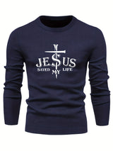 Jesus Saved My Life Print All Match Knitted Sweater, Men's Casual Warm Mid Stretch Crew Neck Pullover Sweater For Men Fall Winter