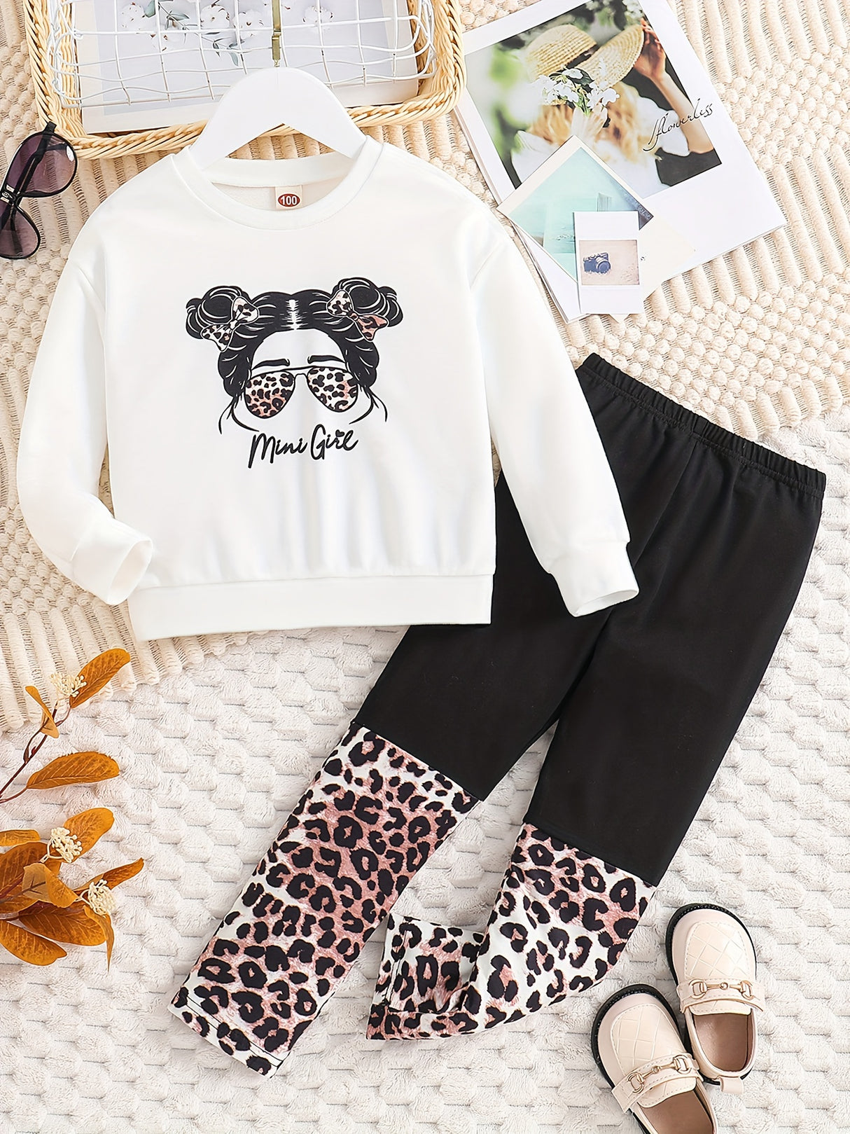 Toddler Girl's 2pcs, MINI GIRL Print Sweatshirt & Leopard Pattern Leggings Set, Cartoon Sunglasses Girl Graphic Casual Outfits, Kids Clothes For Spring Fall