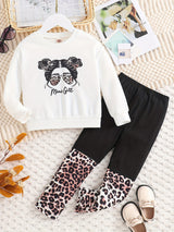 Toddler Girl's 2pcs, MINI GIRL Print Sweatshirt & Leopard Pattern Leggings Set, Cartoon Sunglasses Girl Graphic Casual Outfits, Kids Clothes For Spring Fall