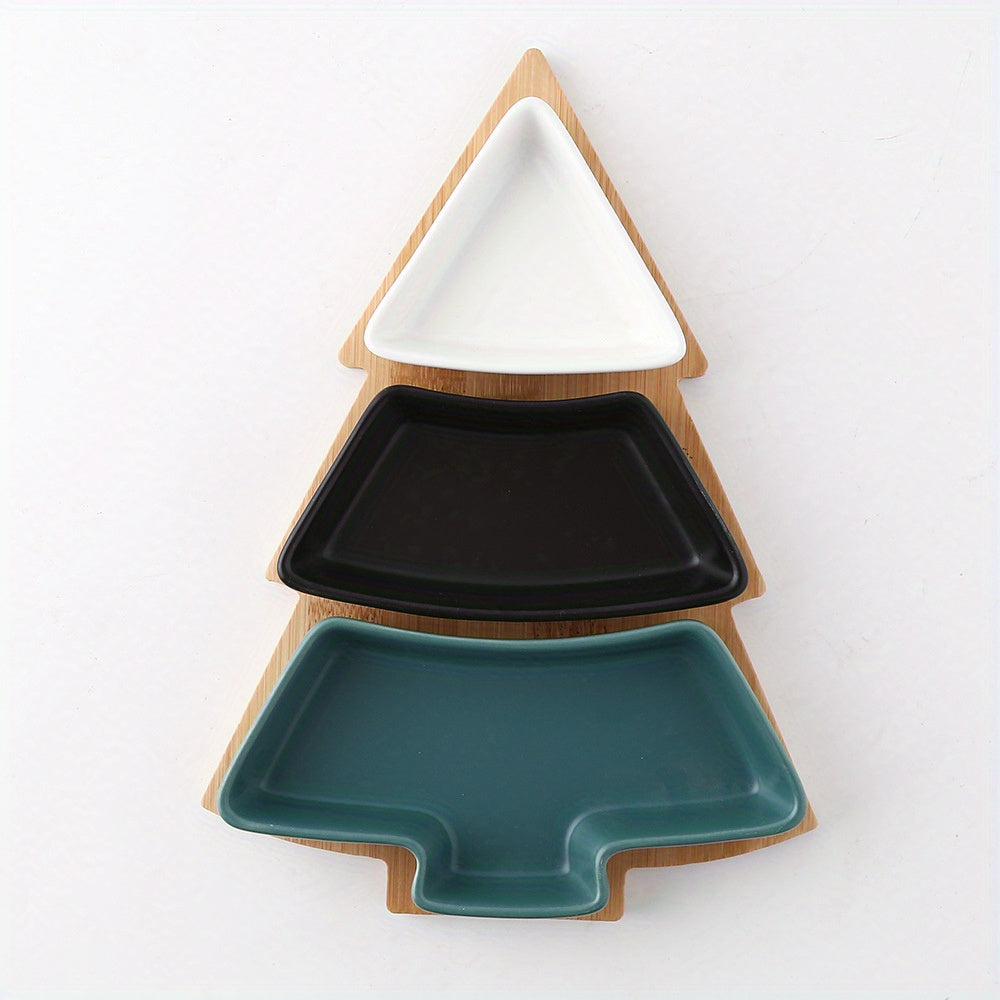 1set, Ceramic Breakfast Tray, Christmas Tree Shaped Plates Chip & Dip Set, Christmas Ceramic Snack Plate With Bamboo Tray, Removable Porcelain Tree Appetizer Dessert Fruit Salad Saucers Bowl, Cutlery Platter Serving Dish